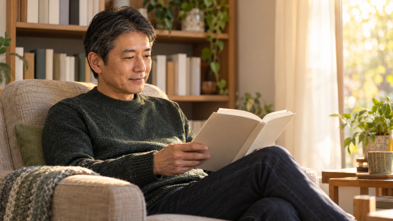 日差しが入る読書スペースで本を開く男性